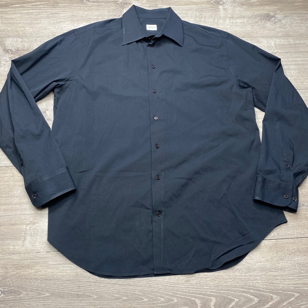 Armani Collezioni Dress Shirt Mens XL Cotton Nylon Navy Blue Long Sleeve